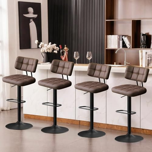 Ckaff Lot de 4 Tabourets de Bar, Tabourets Bar Réglables en Hauteur Modernes, Chaise de Bar Chaise Haute Bar, Tabouret Ilot Central Cuisine avec Dossier et Repose-Pieds pour Cuisine, Bar, PU, Brun