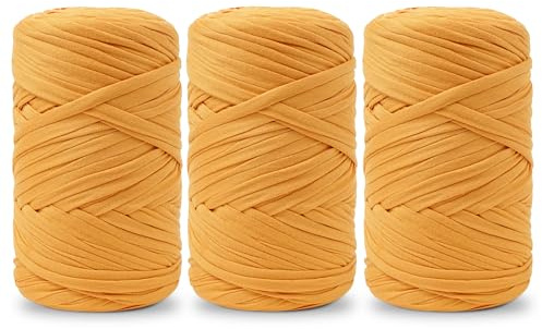 Vincona T-shirtgarn för virkning 3 x 200 g, virkgarn, perfekt för att virka väskor, korgar, väggbonader, heminredning och kreativa fritidsaktiviteter – Gamboge 20