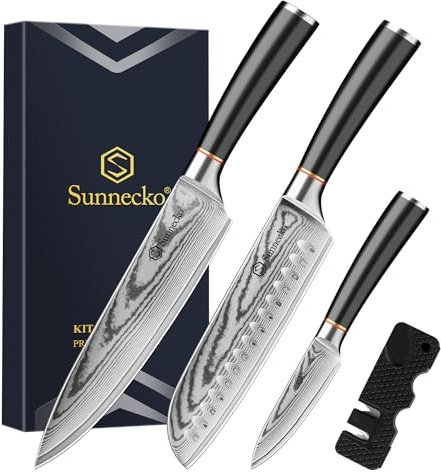 Sunnecko Damascus Kitchen Knife Set 3PCS Professional Chef Knife Set | Japanese Damascus VG10 Steel Core Knife Set, Professional Razor Sharp Kitchen Knives Sets with Knife Sharpner