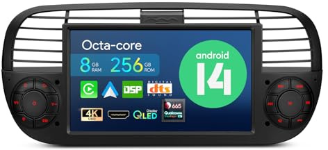 XTRONS Android 14 Qualcomm 665 QLED Radio Player for Fiat 500 (2007-2015) Black, 7 Inch Octa Core 8GB+256GB Fiat 500 Carplay Car Stereo IPS Touched Screen DSP DTS 4G LTE GPS Bluetooth Day & Night UI