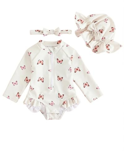 UV Badebekleidung Baby Neugeborene Badeanzug Mädchen Gr 62-98, Langarm UV Kleidung Baby UV Shirt Mit Hut & Stirnband, Kleinkinder UV Anzug Schwimmanzug Schutz