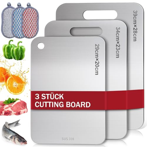 3er Set Titan Schneidebrett Edelstahl mit Schwamm, BPA-frei & Antibakteriell, Doppelseitiges Titanium Cutting Board für Fleisch, Gemüse, Fisch & Brot
