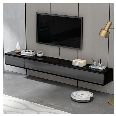 Meuble TV flottant moderne gris et noir de 160 cm, petite console multimédia d'appartement avec 2 tiroirs, étagère flottante sous TV et meuble de rangement caché pour le salon