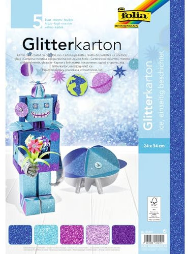 folia 85249 - Glitterkarton Ice, farbig sortiert, 24 x 34 cm, 5 Blatt, 300 g/qm - für elegante und funkelnde Bastelarbeiten