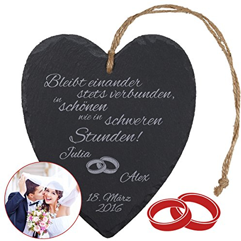 Buntes Schieferherz zur Hochzeit | Motiv Eheringe | ca. 27cm groß | Personalisierte Hochzeitsgeschenke für Brautpaar | Geschenk zum Hochzeitstag | inklusive Band zum Aufhängen