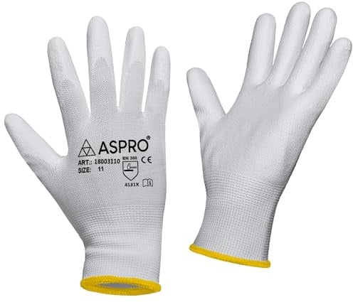 10 Paare - Größe S (7) - Weiße Nylon-PU-beschichtete Arbeitshandschuhe für Bauarbeiter, Gärtner usw. - Von ASPRO (10 Paare, SMALL (Größe 7))