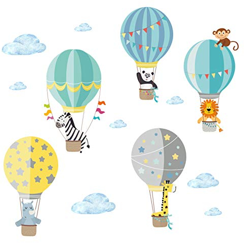 Little Deco Aufkleber Zoo-Tiere im Heißluftballon I S - 65 x 42 cm (BxH) I Wandbilder Wandtattoo Kinderzimmer Jungen Tiere Deko Jungs Babyzimmer Junge Sticker DL202