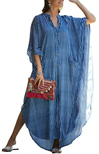 Bsubseach Women's Stylish Swimsuit Cover Ups Plus Size Button Caftan Dresses Down Beach Kaftan Shirt Dress Blue Striped