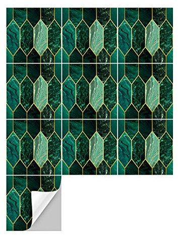 JLCP 10 Pieces Autocollant Carrés en Tuile, Mosaïque De Dorure Verte Auto-Adhésif Stickers Carrelage PVC Imperméable Carreaux De Ciment Autocollants Décoratifs pour Cuisine Salle De Bain,20X20cm