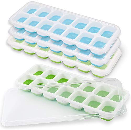 Newk Ice Trays 4 Packs, Easy- Ice Cube Tray with Removable Lid for Cocktail, Beer, Stackable Flexible Ice Molds-2 Blue+2 Green