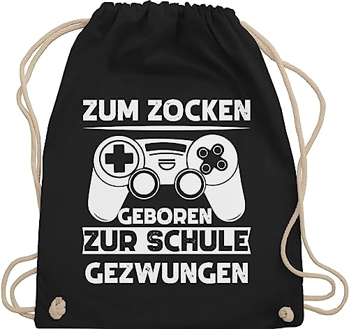 Turnbeutel Rucksack - Nerd Geschenke - Zum zocken geboren Schule gezwungen - Unisize - Schwarz - zocker gamer zock beutel für geek game stoffbeutel jungen nerds gaming juterucksäcke geeks geming