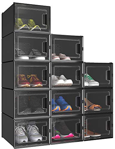 YITAHOME Boîte à chaussures, Lot de 12 boite Rangement Chaussures en Platique Transparente, Empilable et Pliable, pour chaussures jusqu'à la pointure 44 boite a chaussure Respirante Noire