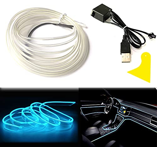 Balabaxer EL Wire Eisblaue Innenbeleuchtung für Autos, 5 m Neondraht USB 5V mit Sicherungsschutz für Automotive Car Interior Decoration mit 6mm Nährand…
