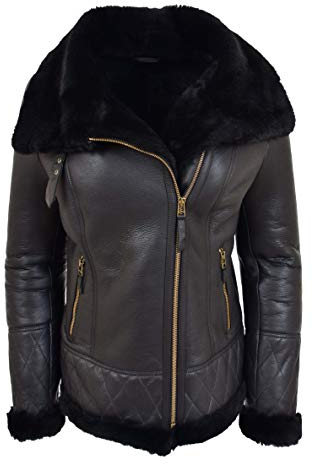 House of Leather Damen Echt Schaffell Jacke Flieger Pilot Fliegend Shearling Isabelle Schwarz 42