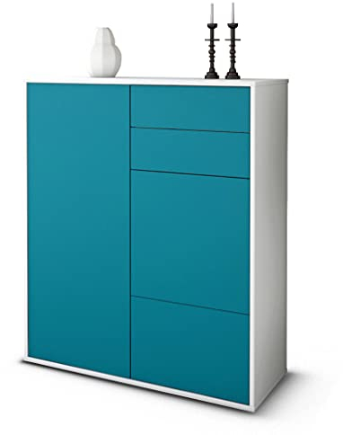 Stil.Zeit Highboard Kiara, Korpus Weiss matt, Front Farb-Design Lagunenblau (92x108x35cm), Push-to-Open Technik & Leichtlaufschienen