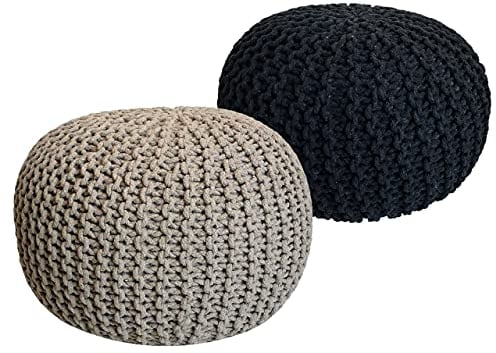 kreatives Wohnen Pouf Set 2 Stück Strickhocker Bodenkissen Grobstrick-Optik Ø 55 cm H 37 cm beige & anthrazit Sitzhocker