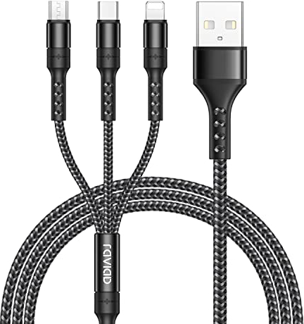 RAVIAD 3 in 1 Charger Cable [1.2M] USB Cable Nylon Braided with Micro USB Type C Lightning Cable Connector for iPhone, Android Samsung Galaxy, Huawei, Oneplus, LG- Black