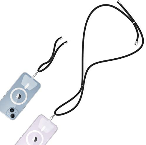 iWotto Lanyard Poliéster, Colgante Para Ajustar al Teléfono Móvil, Set de Dos Tamaños junto con Dos Soportes de Plástico ajustables TPU para Funda del Móvil - Lanyard + Cinta Muñeca - Negro