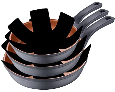 San Ignacio Bronze | Juego de Sartenes | Set de 3 Piezas de 20, 24 y 28 cm de Diámetro y 3 Protectores | Fabricadas con Aluminio Fundido | Sartenes Antiadherentes | Aptas para Todo Tipo de Cocinas