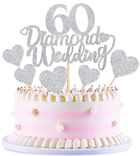 Blumomon 25Pcs 60th Wedding Anniversary Cake Toppers Silver Glitter 60th Diamond Weddding Anniversary Heart Cake Decoration for Celebration 60th Wedding Anniversary Party Supplies