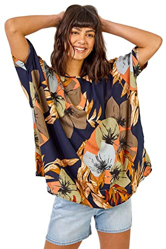 Roman Originals Swirl Print Button Back Top for Women UK - Ladies Everyday Holiday Spring Summer Round Neckline Comfy Soft Evening Vacation Work Party - Navy Multi - Size 20