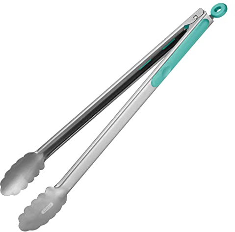 U-Taste Pinzas de cocina de acero inoxidable de 41 cm, resistentes al calor, con puntas de metal resistentes de una pieza, mango antideslizante recubierto de silicona y cierre suave (Aqua Sky)