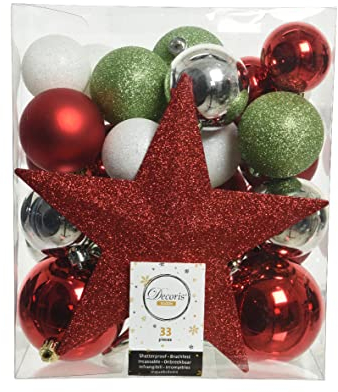 Kaemingk Weihnachtskugeln Kunststoff 5-8cm mit Christbaumspitze Stern 33er Set bruchsicher rot weiß grün