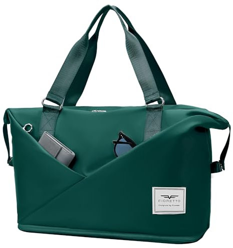 Fioretto Women's Expandable Travel Duffle Bag with Laptop Compartment, Water-Resistant Gym Bag, Weekend & Overnight Bag, Dark Green, 36L