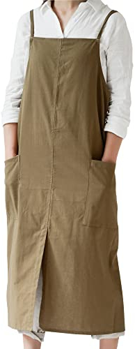 Small snail Japanischer Stil Damen Schürze Einstellbar Wasserdicht Baumwolle Leinen Kochschürze mit 2 Taschen für Blumenladen Cafe Handwerk Backen Solide Farbe Schürzen, Kurkuma