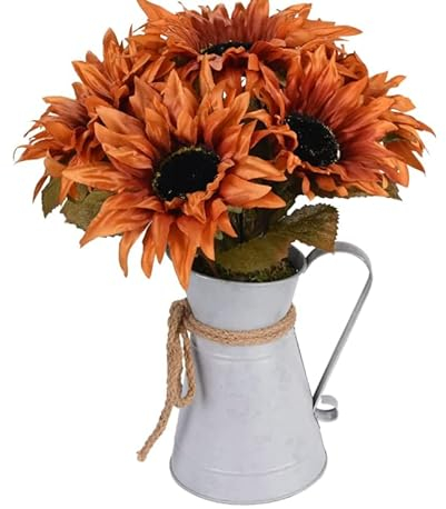 Flores artificiales de otoño, 7 girasoles en maceta de metal para centros de mesa, estantería, chimeneas, decoración otoñal del hogar, decoración de otoño para interiores y exteriores para un hogar