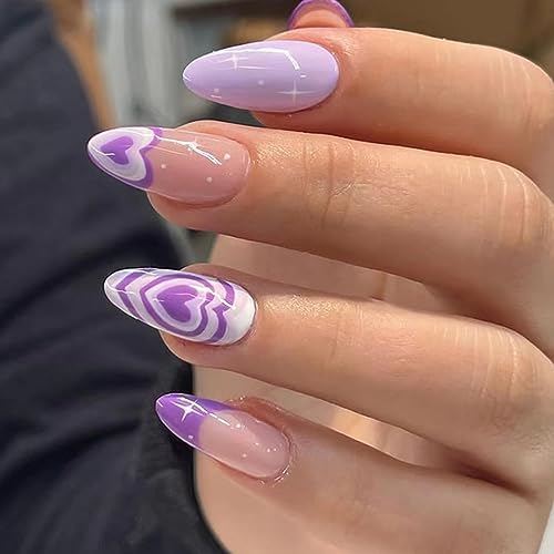 AKOFIC 24 Pièces Faux Ongles Court Amande, Faux Ongles à Coller French Manucure, Glazed Violet Press on Nails avec Gel Pad Ongles, Cœur Faux Ongles Reutilisable Sans Colle pour Femmes et Filles