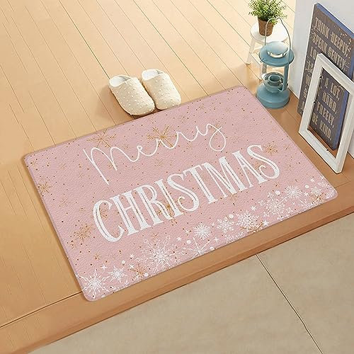 Bioputty Pink Merry Christmas Front Door Mat, Outdoor/Indoor Welcome Mat, Xmas Winter Snowflake Yellow Pink Floor Mats Non-Slip Doormat Kitchen Runner Rugs for Entryway Bedroom 16x24