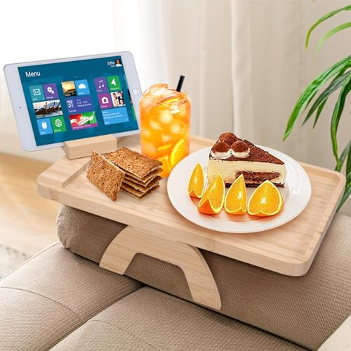 Heveer Bandeja de Sofá de Madera de Bambú con Soporte de Teléfono Giratorio de 360 ° Mesa de Brazo de Sofá Plegable para Aperitivos Bebidas Control Remoto