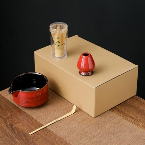 BAMFY Matcha Set Accessories Matcha Bowl With Pouring Spout Bamboo Matcha Whisk, Matcha Bowl, Tea Scoop, Matcha Whisk Holder, Matcha Kit for Japanese Tea Ceremony (Color : 4 pcs red)