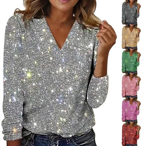 Nidddiv Women's Sequin Tunic Tops V Neck T Shirt Casual Solid Color Jumpers Long Sleeve T-Shirts Loose Ladies Blouses Sparkly Tunic Tops Glitter Tee Shirts Pullover Women UK Elegant Size S-XXL Silver
