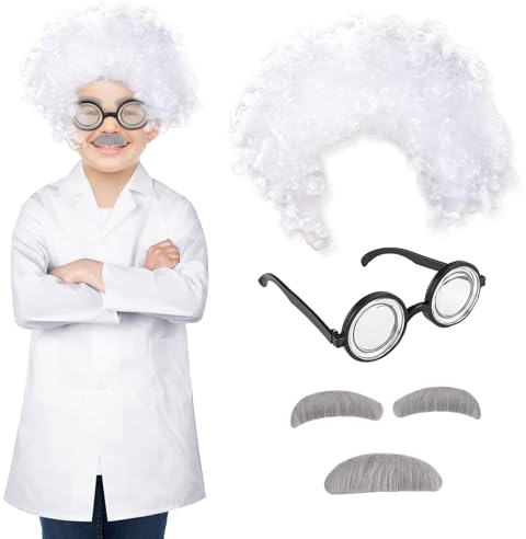 TSHAOUN 4 Stück Verrückter Professor Wissenschaftler Perücke mit Brille Nerd Schnurrbart Augenbrauen Herren Weiß Locken Perücke Alter Opa Professor Kostüm Kinder Erwachsene Karneval Halloween(4PCS)