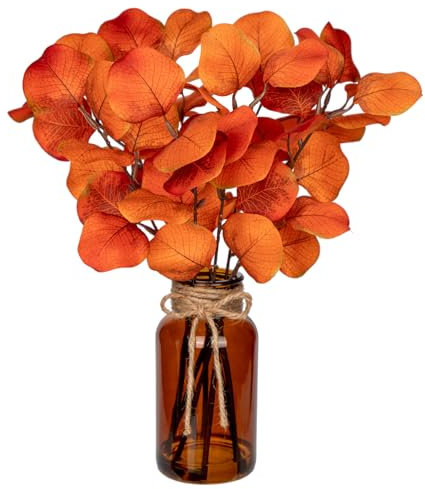 Hollyone 35cm Künstliche Eukalyptus Zweige Mit Glasvase, Orangen Herbstdekoration Kunststoff Pflanze, Realistische Silberdollar für Tischdeko Büro Deko