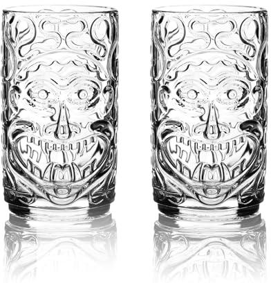 DIAMANTE Clear Tiki Glasses - Set of 2 - Exotic Crystal Hawaiian Barware Cocktail Glasses or Hi Ball Glasses for Mixed Drinks (Maui Design)