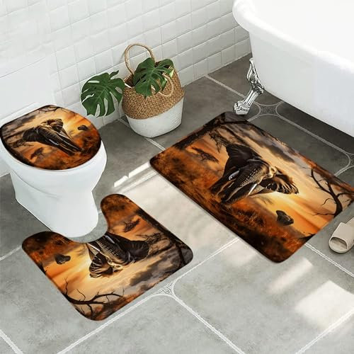 Badezimmer Vorleger 3-Teiliges Elefant Tropischen Afrikanischen Großen Wilden Tier Herde Sonnenuntergang Bäume Im Freien Wc Vorleger Set 3 Teilig Badteppich-Set 3-Teilig Weiches