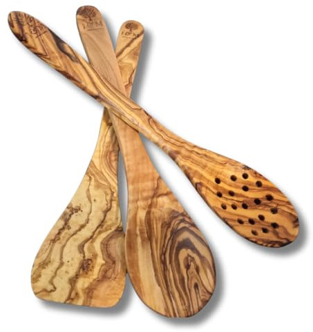 Olive Wood Spoons for Cooking, Handcrafted Wooden Cooking Utensils, Non-Stick, Comfortable Grip Wooden Kitchen Utensils Set, Including (Spoon, Spatula & Slotted Spoon)