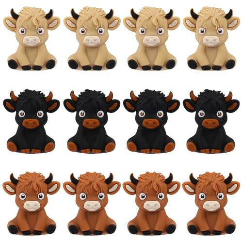 WEWAYSMILE 12Pcs 3D Silicone Beads Bulk Silicone Beads Animal Silicone Beads Silicone Pen Beads for DIY Keychain Beaded Pen Jewelry Making(Highland Cattle)