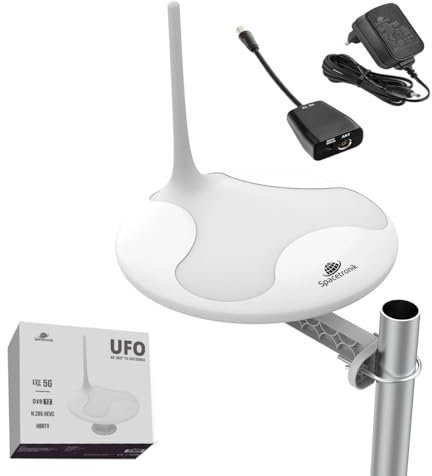 Spacetronik 4K DVB-T2 LTE Antenne Outdoor Aktiv, 360° Rundstrahlantenne mit LTE 5G Filter, Full HD, UHF/VHF, Wasserdicht, Magnetfuß, Externe DVB-T/T2 Antenne für TV-Empfang