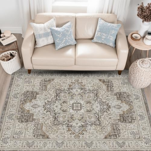 HiChiclife Teppich Wohnzimmer Braun 120x170 cm, rutschfest & Waschbar, Orientalischer Vintage Kurzflor Teppich für Esszimmer & Schlafzimmer