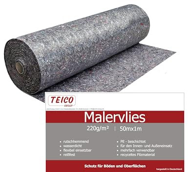 Teico Malervlies Abdeckvlies | Malerabdeckvlies 25m² Rolle | Abdeckvlies für Boden mit Anti-Rutsch Beschichtung | 100cm x 25 m | 220g/m²
