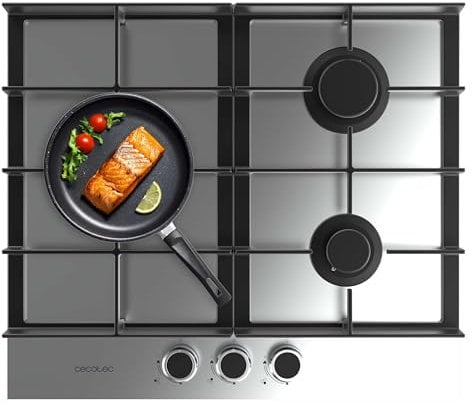 Cecotec Plaque de Gaz 3 Feux Bolero Squad G 3400F Inox, 6,2kW, Acier Inoxydable, Grilles en Fonte, Brûleur WOK Triple, Allumage Électronique, Sécurité Valves, accessoire de conversion