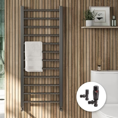 Gunmetal Bathroom Straight Heated Towel Rail Radiator 1600 x 500 with Angled Thermostatic Valves