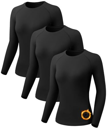 Orrfreer 3 Pack Thermal Base Layer Women Fleece Long Sleeve Compression Shirts Ladies Thermal Tops for Running Ski Hiking 3 Black S
