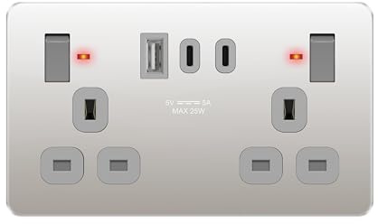 LIDER 2-Gang Switched 13A Socket with USB TYPE C & A Ports, Stainless Steel, LED Indicator, Always-On USB Ports, 25W Combined Output, UKCA Certified, Polished Chrome(Use a 35mm-deep back box)