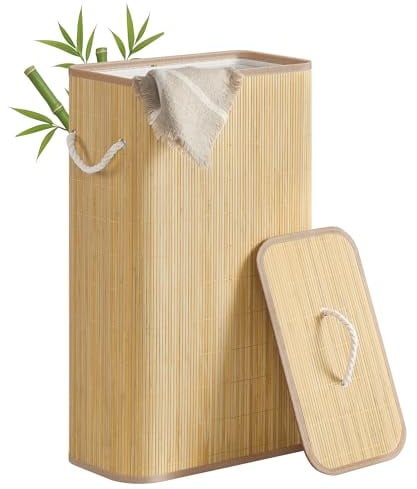SONGMICS Laundry Basket with Lid, 60 L, Bamboo | Rectangular Laundry Hamper with Handles, Collapsible, Removable Machine-Washable Liner, Natural Colour, LCB076YZ01