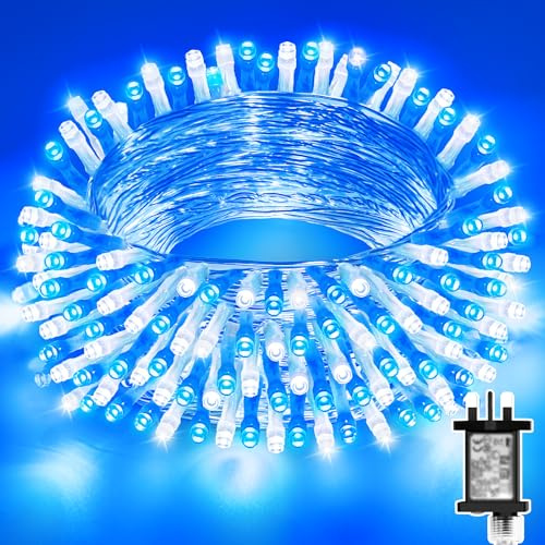 Dalugo Blue Christmas Lights, 20M 200 LED Mains Powered Christmas Tree Lights with Timer, Memory Function,8 Modes, Waterproof White Blue Fairy Lights for Indoor Outdoor Xmas Tree Decorations